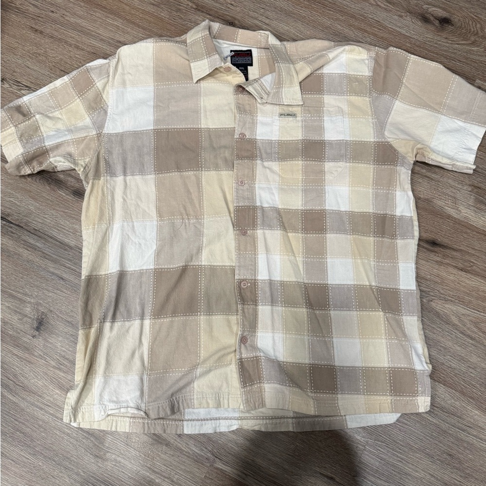 FUBU Men's Tan and Cream Plaid Shirt